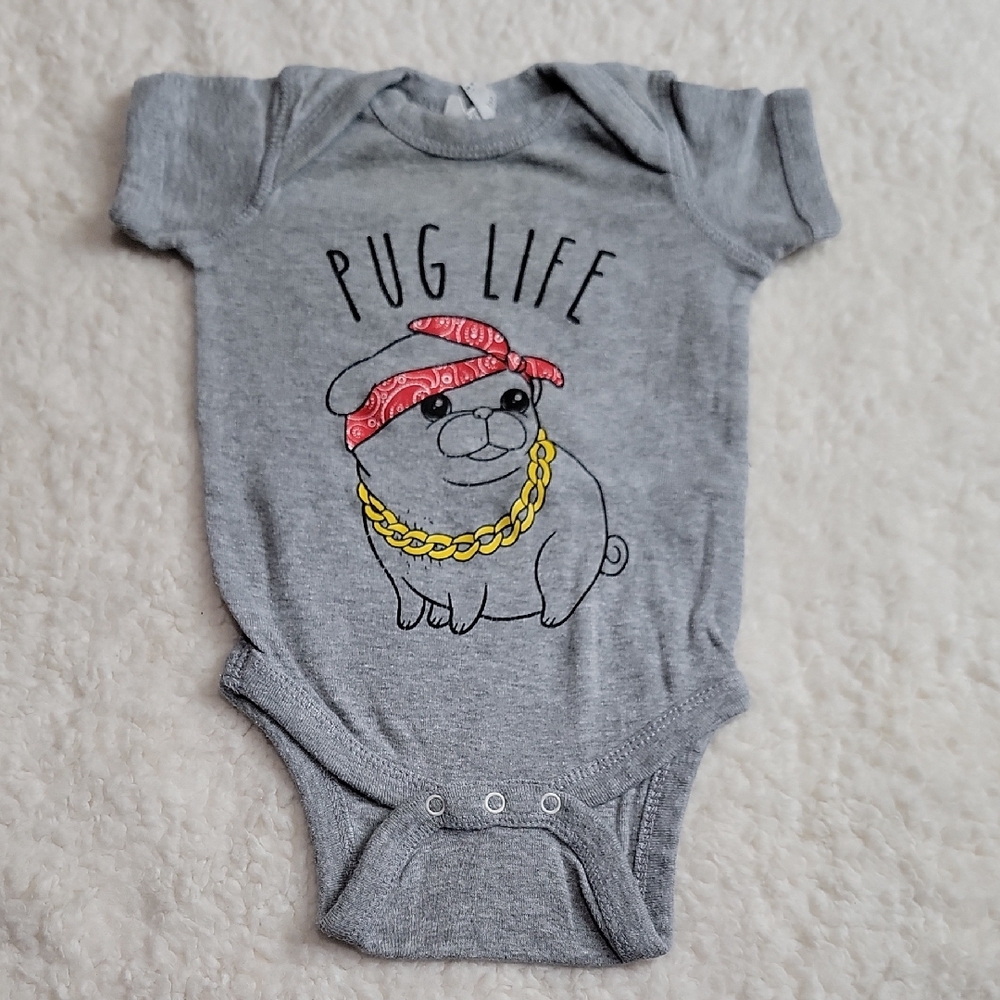 Rabbit Skins 6M Gray Pug Life Baby Onesie